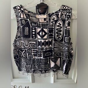 Vintage 1980’s key lime pie top with beaded fringe black white geometricfestival